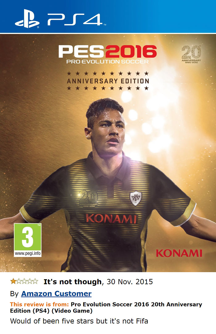 Pro Evolution Soccer 2016 20th Anniversary Edition game cover and a comment 