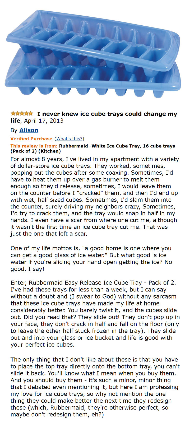 Two blue ice cube trays and a comment 