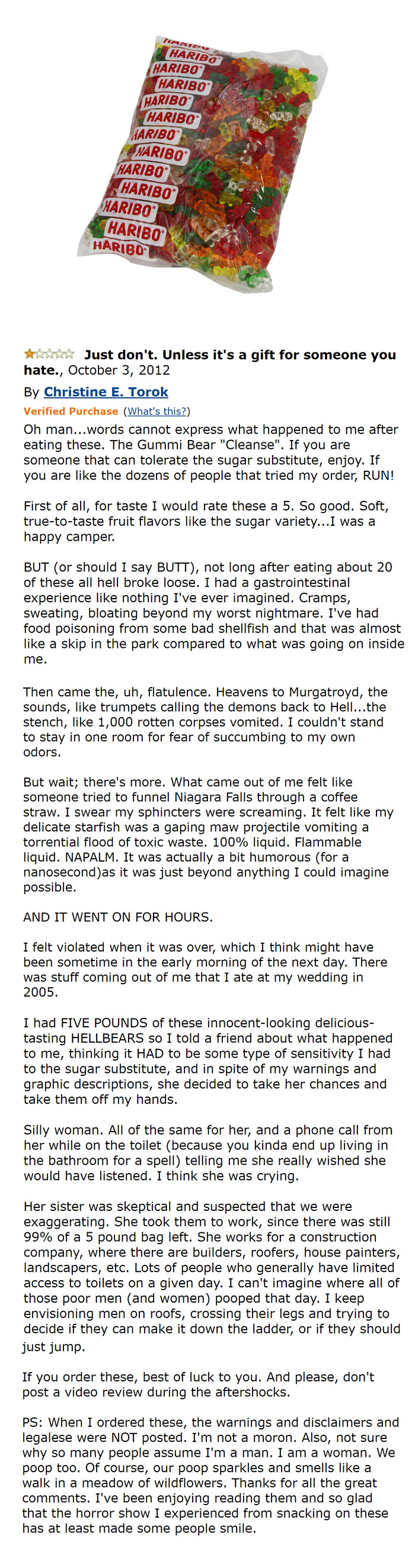 Massive Haribo gummy bear bag and a comment 