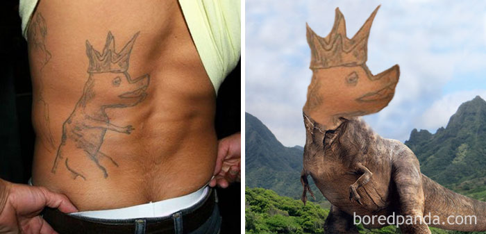 Terrible tattoo face swap showing a crowned reptile tattoo on a man's side and a dinosaur with the tattoo face in nature.