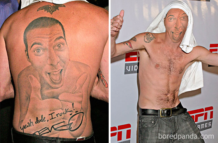 Terrible tattoo face swap showing a man's back tattoo compared to his real face at an event.