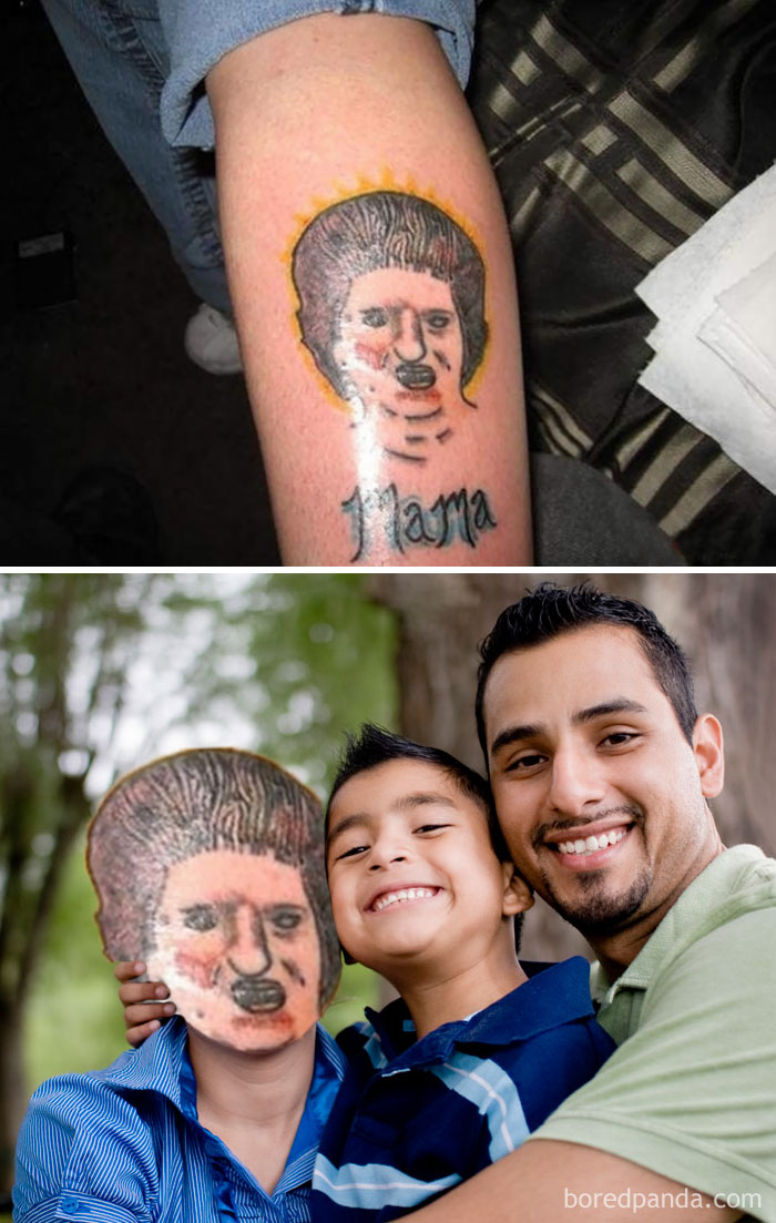 Terrible tattoo face swap showing poorly drawn face on arm and swapped onto child in family photo.