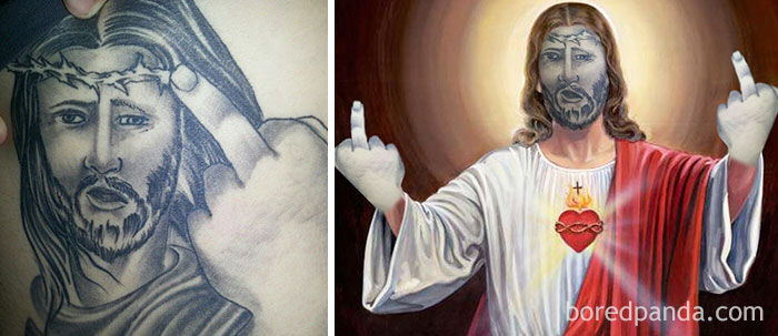 Terrible tattoo face swap showing a humorous depiction of a religious image with unexpected facial features.