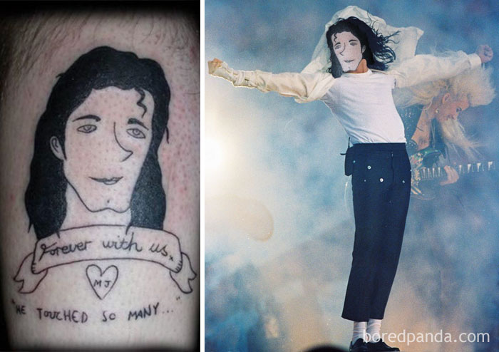 Terrible tattoo face swap showing a poorly done tattoo compared to an iconic performance image.