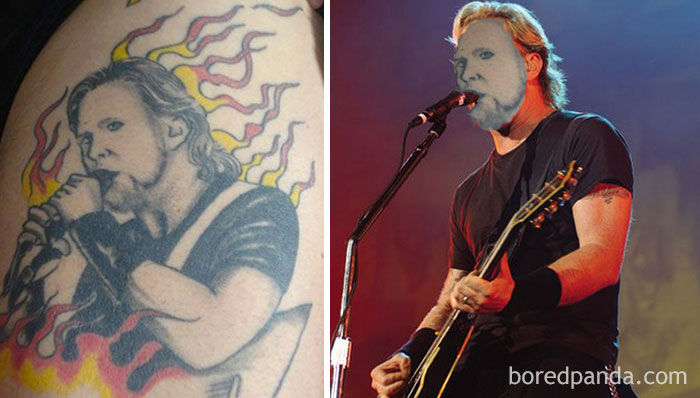 Tattoo face swap showing a poorly drawn tattoo of a musician performing with a guitar under stage lights.