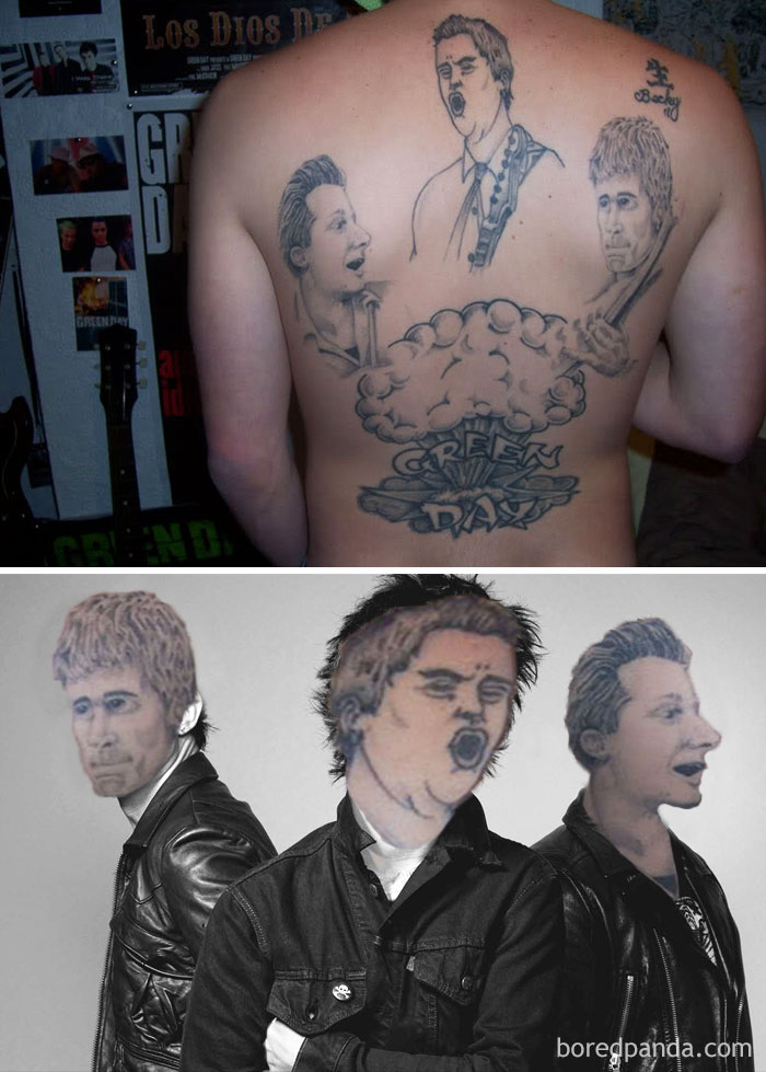 Tattoo face swap showing Green Day members on a back, highlighting bad tattoo quality.