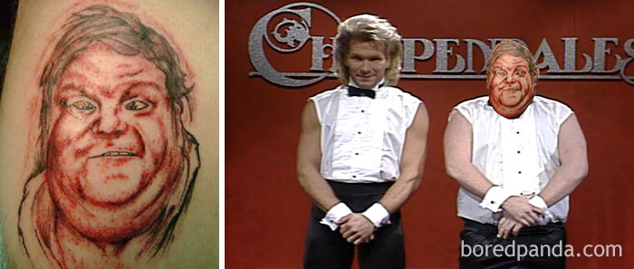 Terrible tattoo face swap with comedic scene, highlighting a poorly done tattoo in a humorous context.