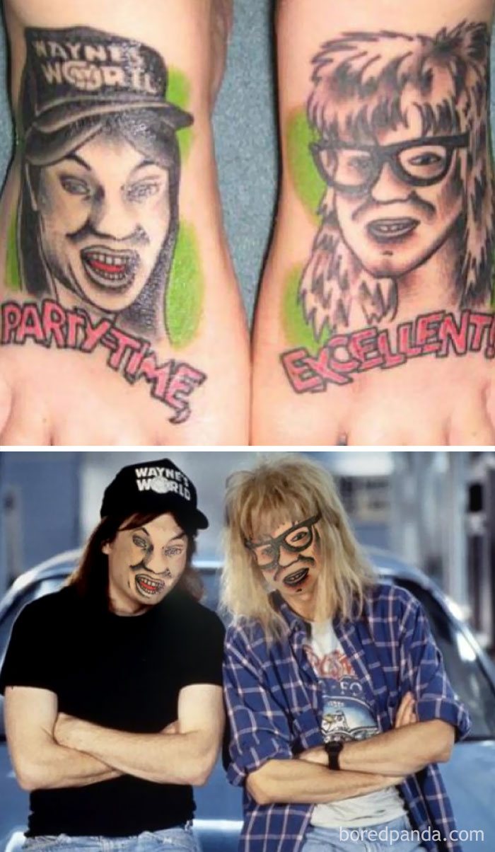 Terrible tattoo face swaps of two characters with exaggerated facial features, featuring "Wayne's World" theme text.