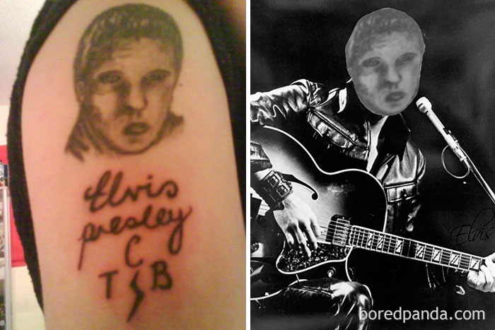 Terrible tattoo face swap featuring a misspelled Elvis tattoo and its swap on a classic photo.