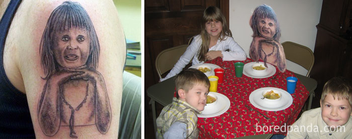 Terrible tattoo face swap showing a poorly designed tattoo resembling a child's face during a family meal setting.