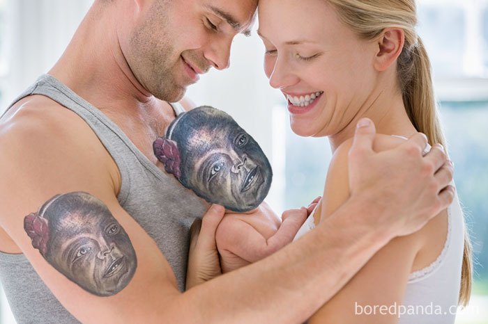Couple embracing baby with a tattoo face swap on arms, highlighting terrible tattoo choices.