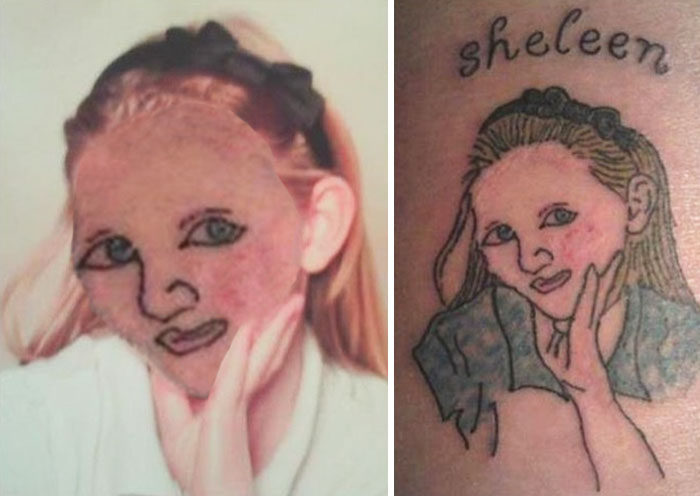 Bad tattoo face swap showing a child's photo turned into a poorly drawn tattoo on the arm.