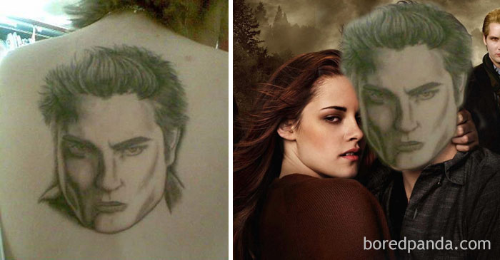 Terrible tattoo face swap showing a poorly done character tattoo on a person's back, compared to a movie scene.