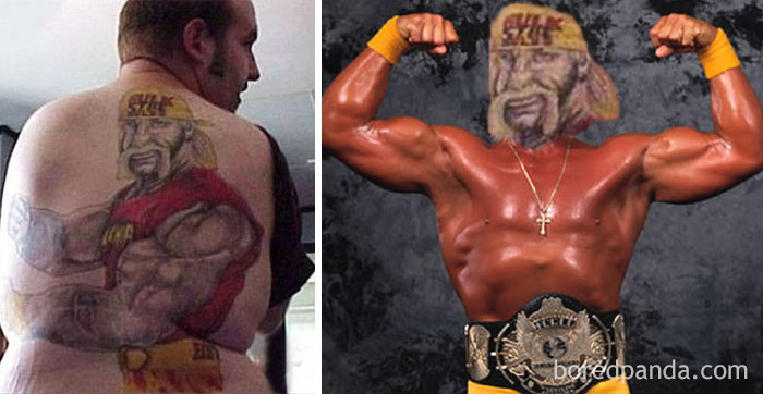 Terrible tattoo face swap showing a poorly done back tattoo of a wrestler with mismatched face placement.