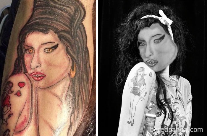 Terrible tattoo face swap showing exaggerated facial features and artistic distortion on a black-and-white portrait.
