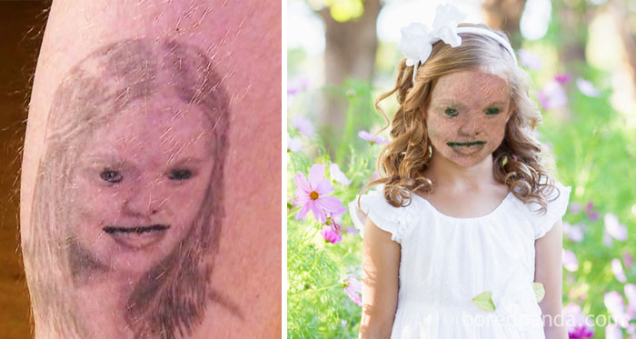 Terrible tattoo face swap showing distorted facial features on a tattoo and a child’s face.