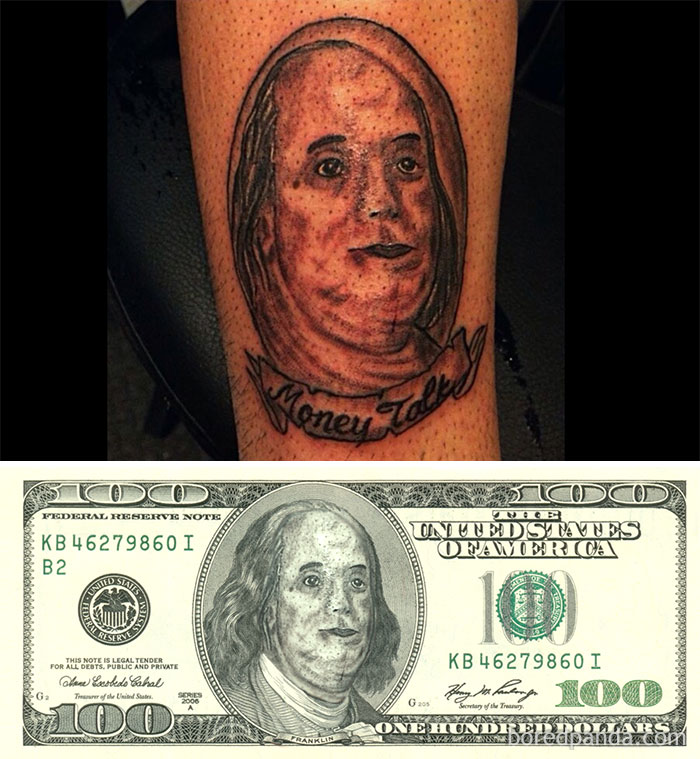 Terrible tattoo face swap showing a humorous reinterpretation of Benjamin Franklin's portrait on a $100 bill.