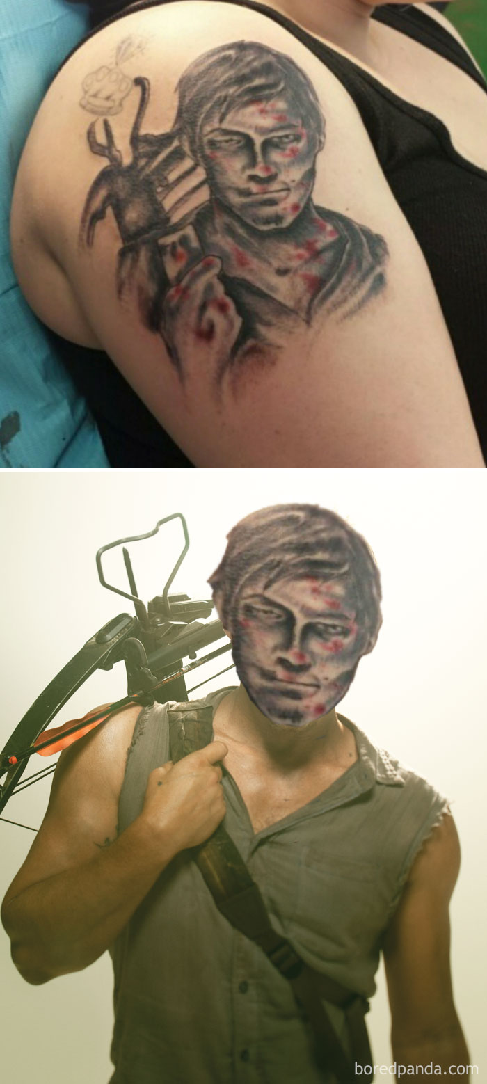 Terrible tattoo face swap showing a tattoo on an arm and its swapped face on a person with a crossbow.