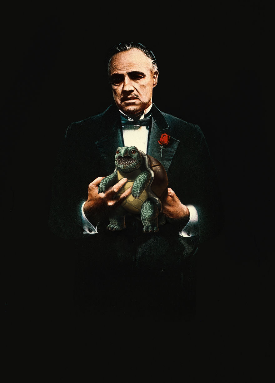 Character holding a Pokemon, adding a twist to a classic movie scene, merging two iconic universes creatively.