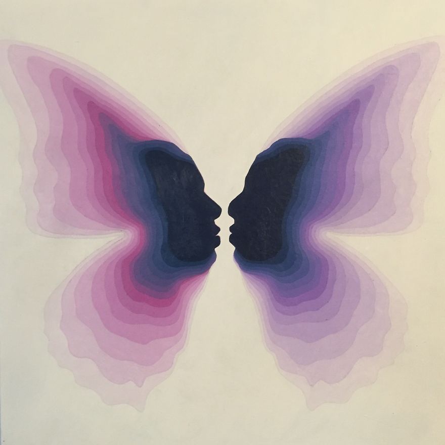 'the Kiss (hypothetical Butterfly)' By @kyletonkens. Acrylic On Wood. 10x10 Inches. 2016.