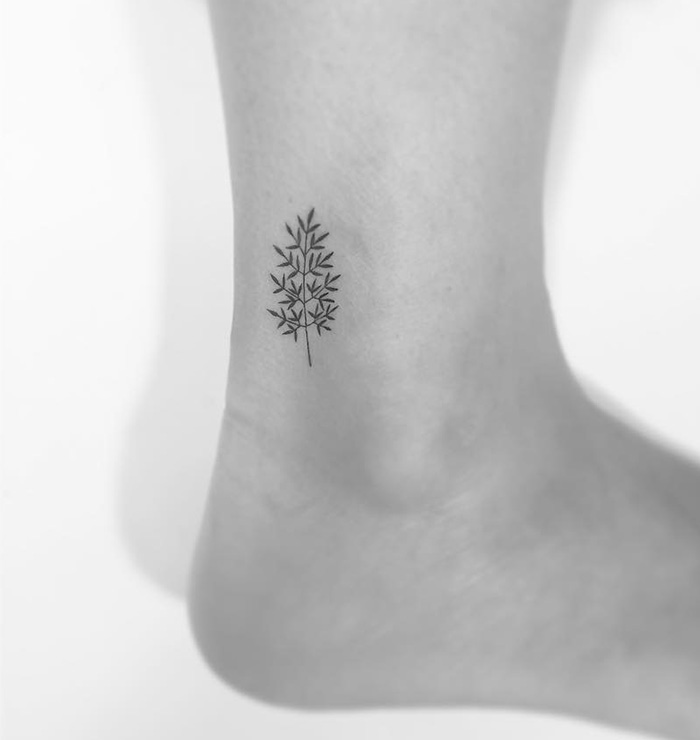 Minimalist tattoo of a delicate branch on an ankle, designed by a Korean artist.