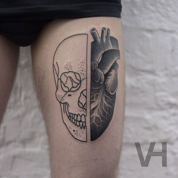 Symmetrical tattoo featuring a skull and heart design balancing nature and geometry on a person's thigh.