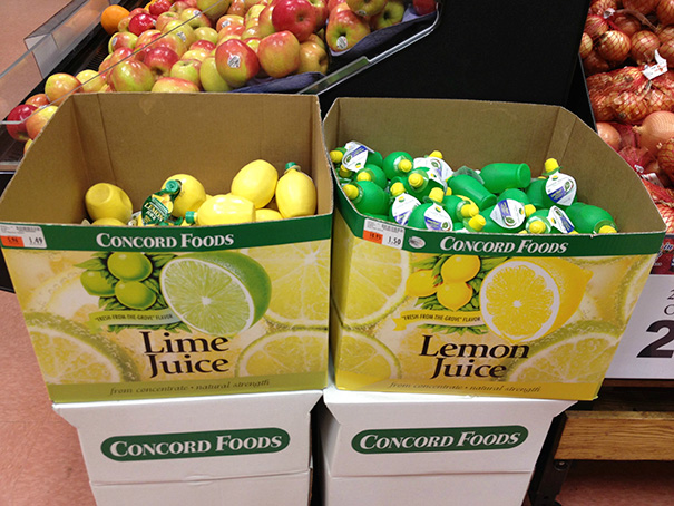 Lemon juice bottles in a lime juice box and vice versa, supermarket packaging fail.