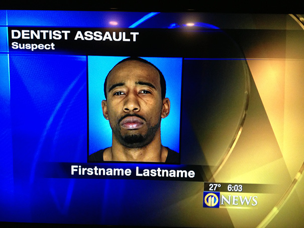 TV news graphic displaying a suspect for dentist a*****t with placeholder names, highlighting a job done poorly.