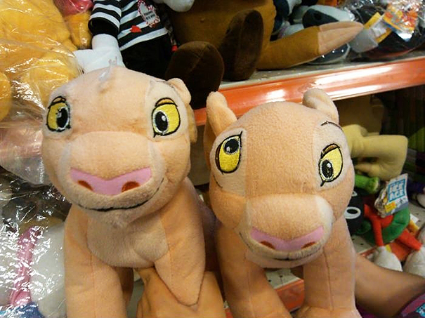 Two plush toys with misplaced eyes, highlighting a common job failure.