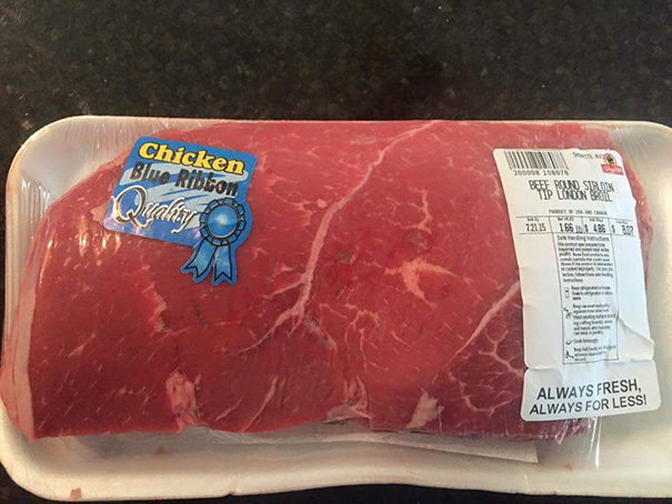 Beef packaging labeled as chicken, showcasing a labeling error and a job fail.