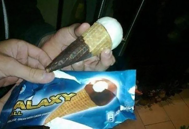 Ice cream cone with a packaging fail, showing mismatched product and wrapper design.