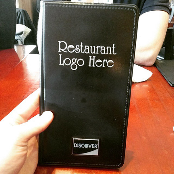 Failed job example: menu cover with placeholder text "Restaurant Logo Here."