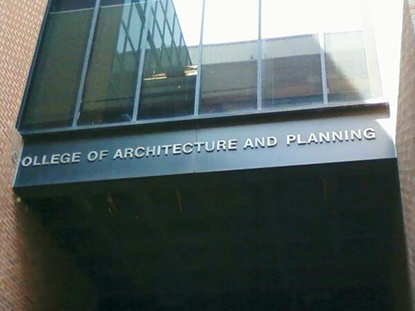 Failed job example: sign reads "COLLEGE OF ARCHITECTURE AND PLANNING," with missing letter C for "COLLEGE."