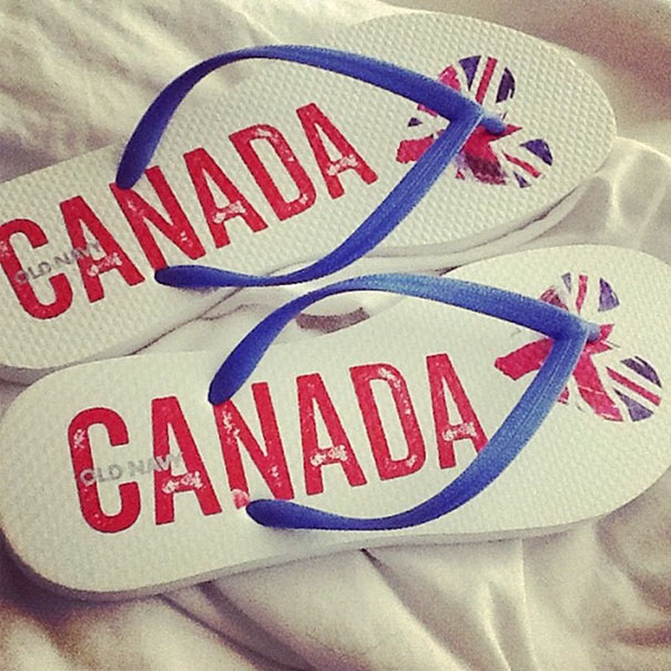 Flip-flops labeled "Canada" with UK flag, illustrating a humorous job fail.
