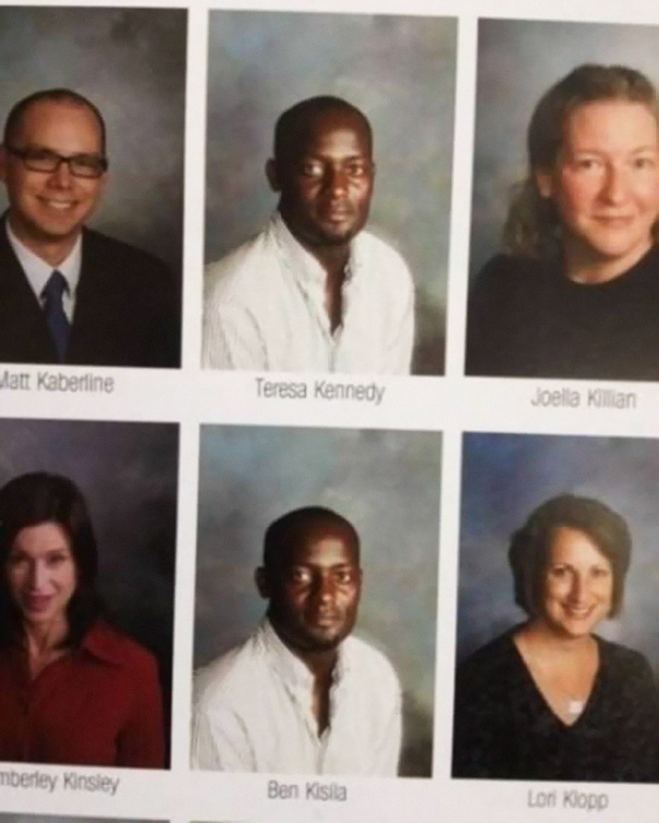 Yearbook page with mismatched names, highlighting a job fail.