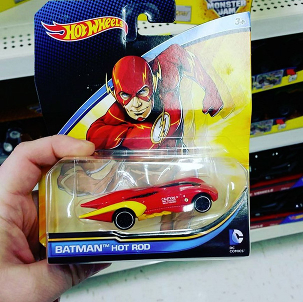 Hot Wheels packaging error featuring The Flash image with Batman Hot Rod toy.
