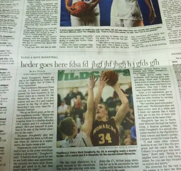 Newspaper article showing a headline mistake with placeholder text, highlighting a job failure.