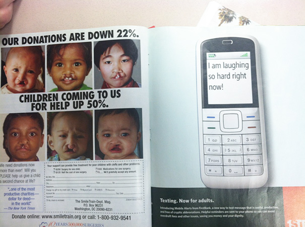 Magazine ad fail with a phone displaying inappropriate messaging beside a charity plea for children.