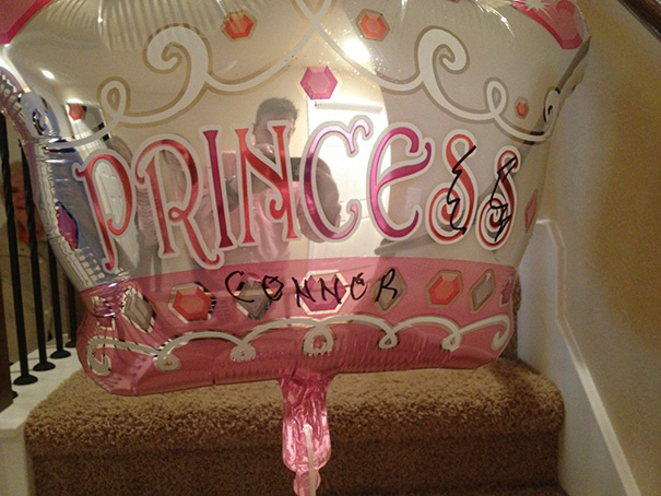 Balloon labeled "Princess" with "Connor" written below, highlighting a job fail.