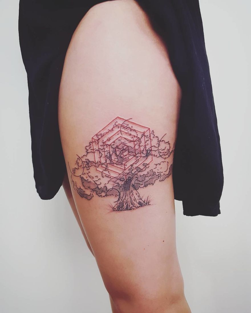Sketchy tattoo of a tree with geometric elements on thigh, featuring colorful accents.