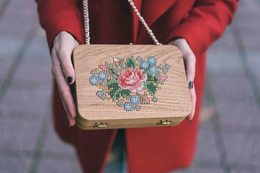Wearable Wooden Bags That I Cross-Stitch With Nature Patterns