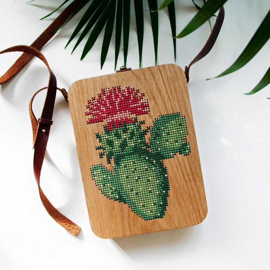 Wearable Wooden Bags That I Cross-Stitch With Nature Patterns