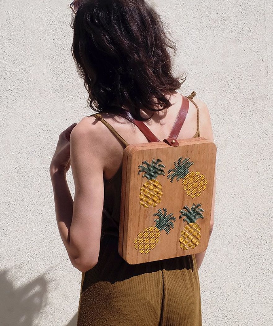 Wearable Wooden Bags That I Cross-Stitch With Nature Patterns