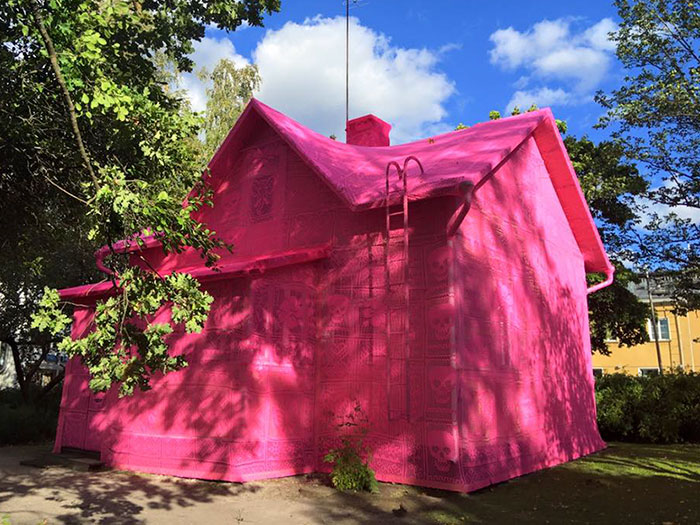 Polish Artist Covers A 100-Year-Old House In Finland With Pink Crochet
