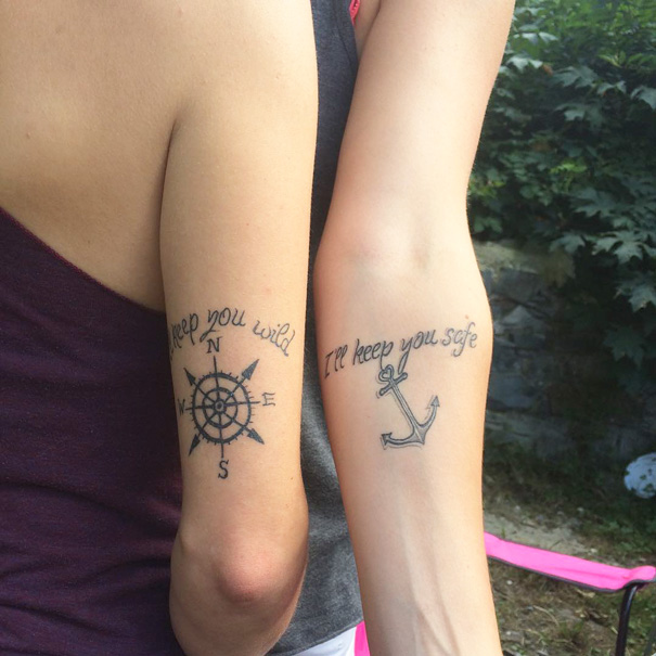 Compass and anchor trio tattoos, symbolizing "keep you wild" and "keep you safe," on two people's arms.