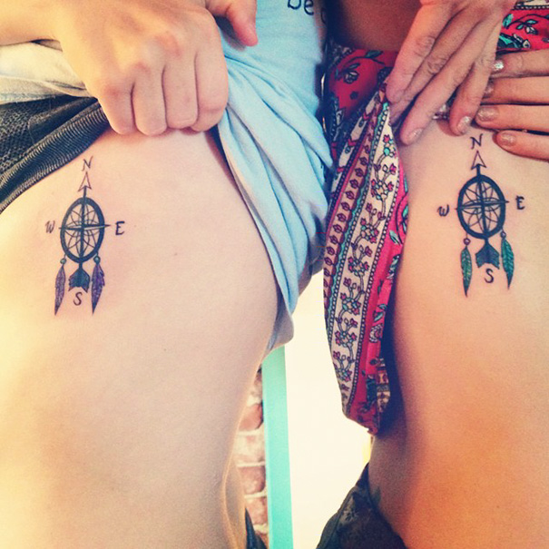 Matching compass trio tattoos on thighs with feather details.