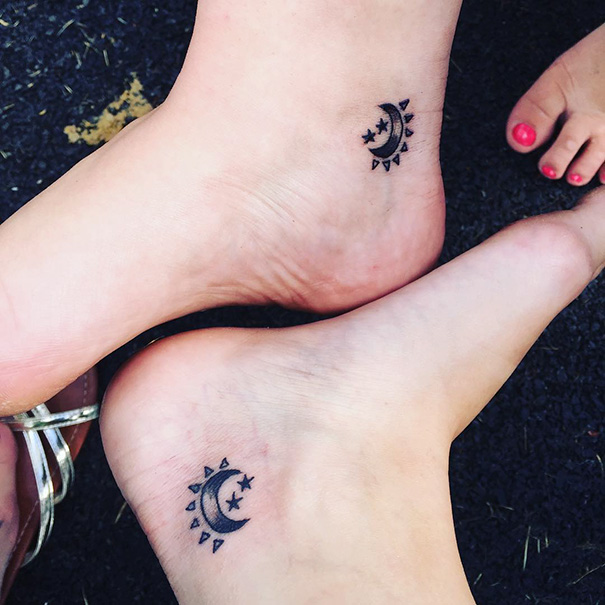 Trio tattoos of crescent moons and stars on ankles, symbolizing unity and friendship.