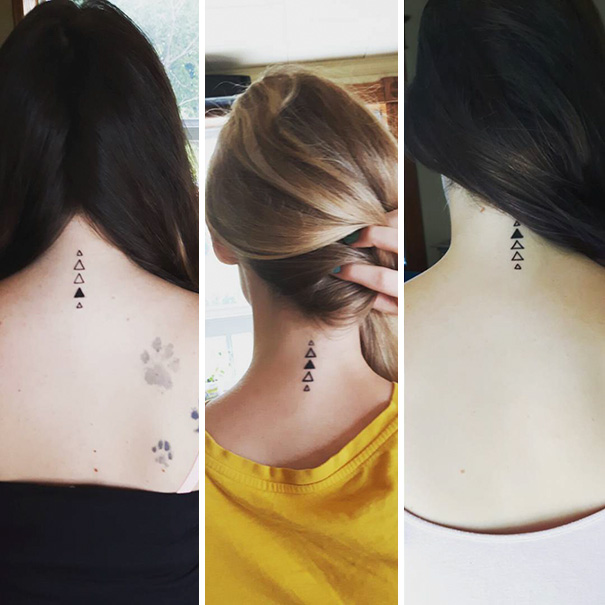 Three women displaying trio tattoos with triangle designs on their necks.
