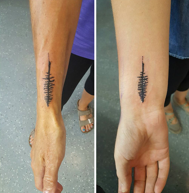 Matching trio tattoos on forearms, featuring a vertical line design resembling a pine tree.