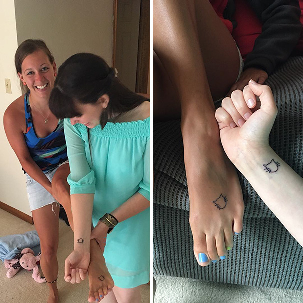 Women showing matching trio tattoos of a small cat outlined on their arms and feet.